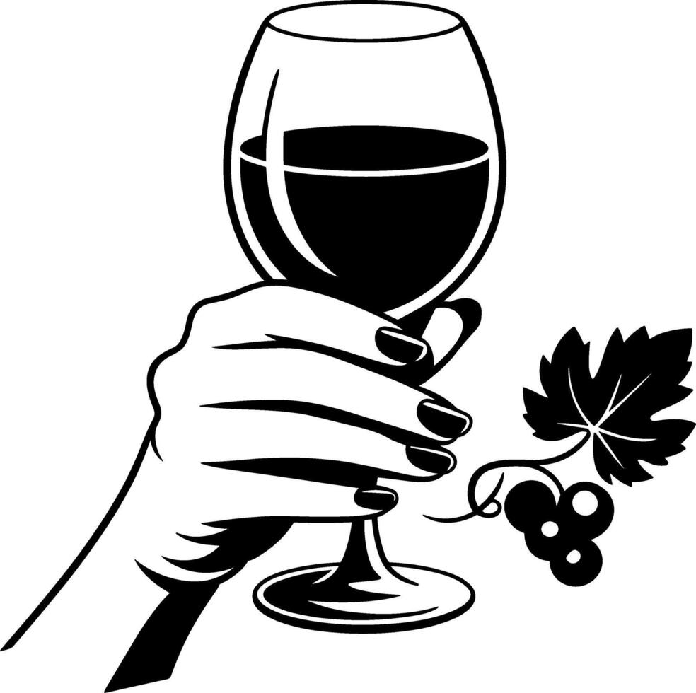 A hand holding a glass of wine with grapes vector
