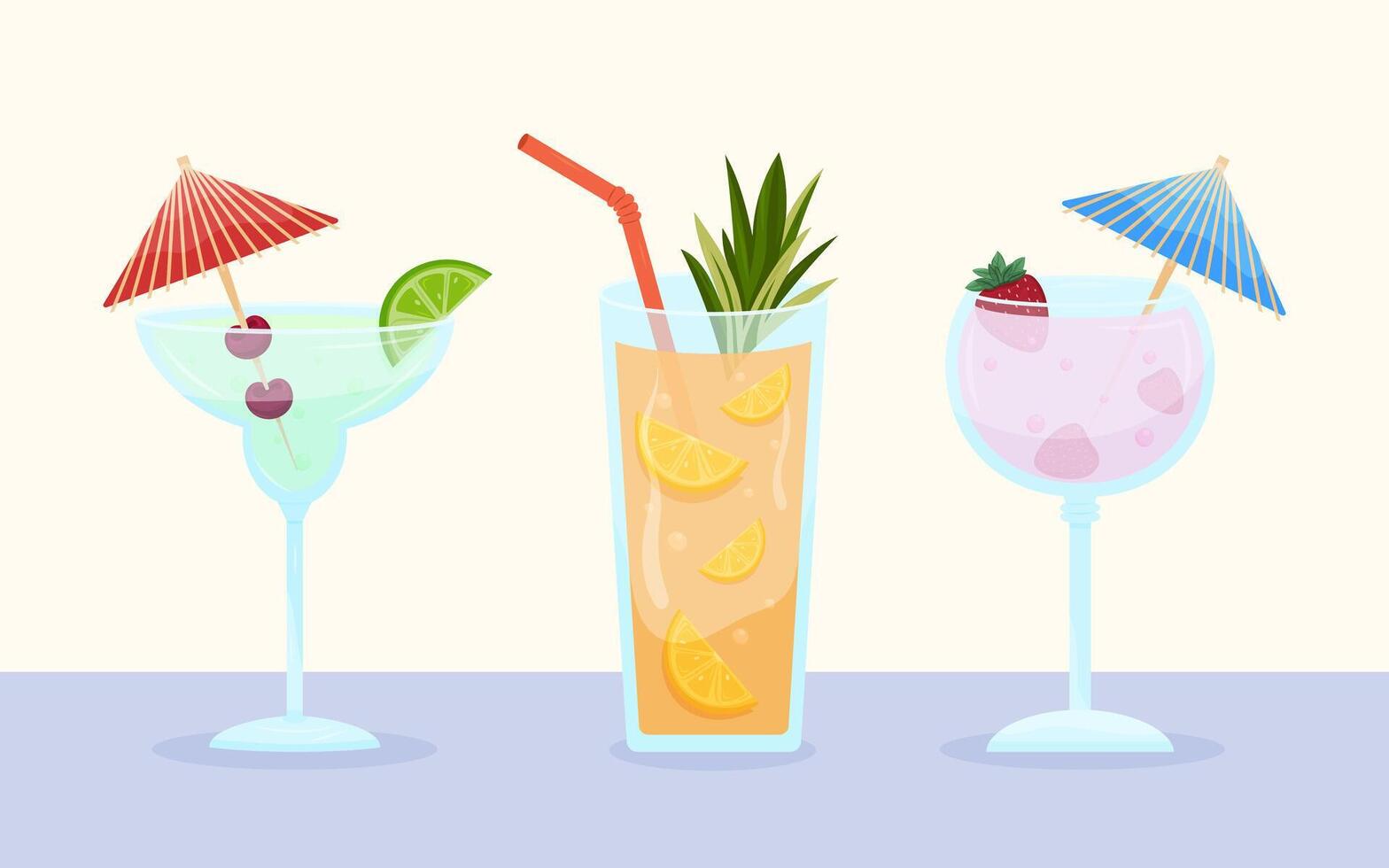 Three fruity tropical cocktails decorated with citrus, berries, and umbrellas vector