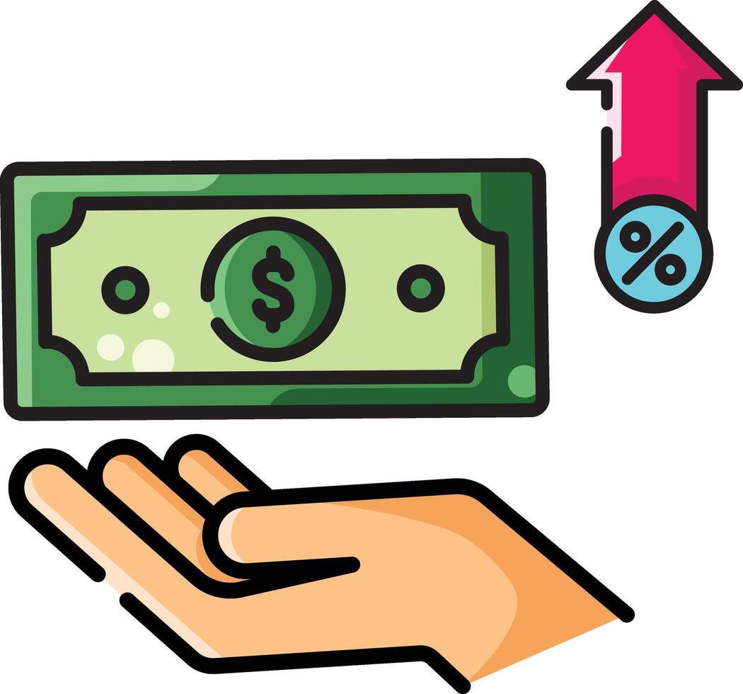 Made in uk hand holds dollar bill with upward arrow and percentage sign icon. vector