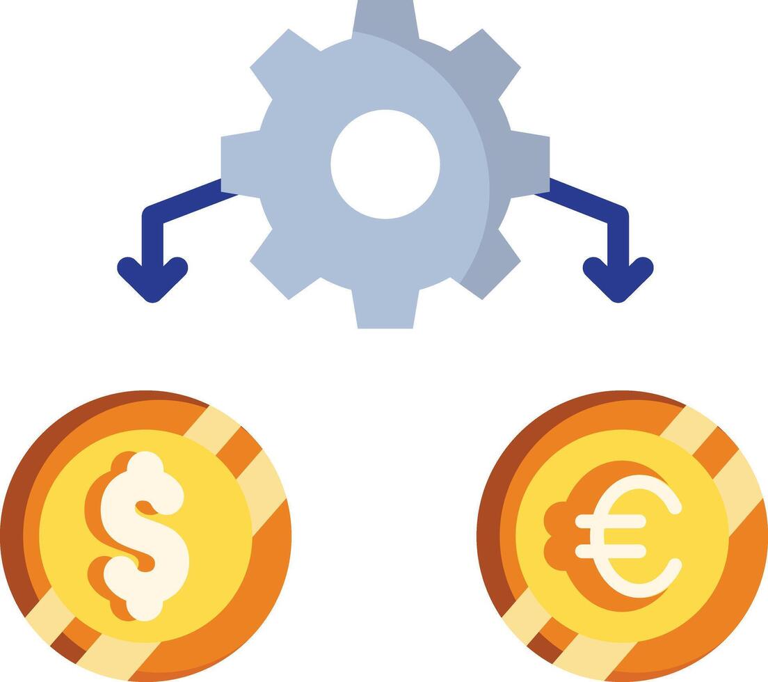 Made in uk gear connected to dollar and euro coins symbolizing global trade icon flat style. vector