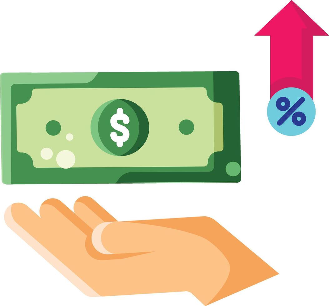 Made in uk hand holds dollar bill with upward arrow and percentage sign icon flat style. vector