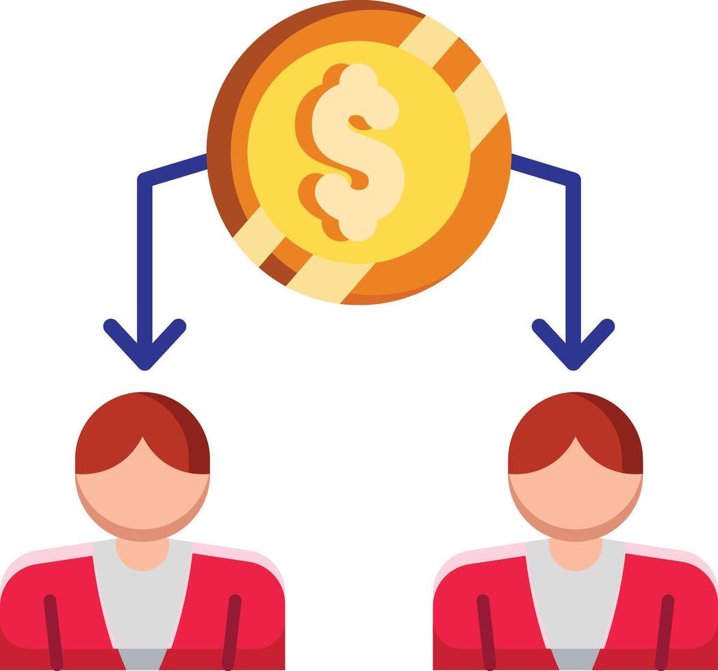 Made in uk a golden coin with a dollar sign is divided between two people icon flat style. vector