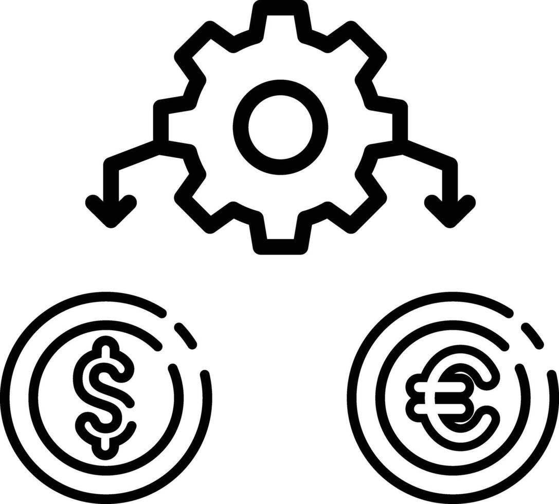 Made in uk gear connected to dollar and euro coins symbolizing global trade icon outline style. vector