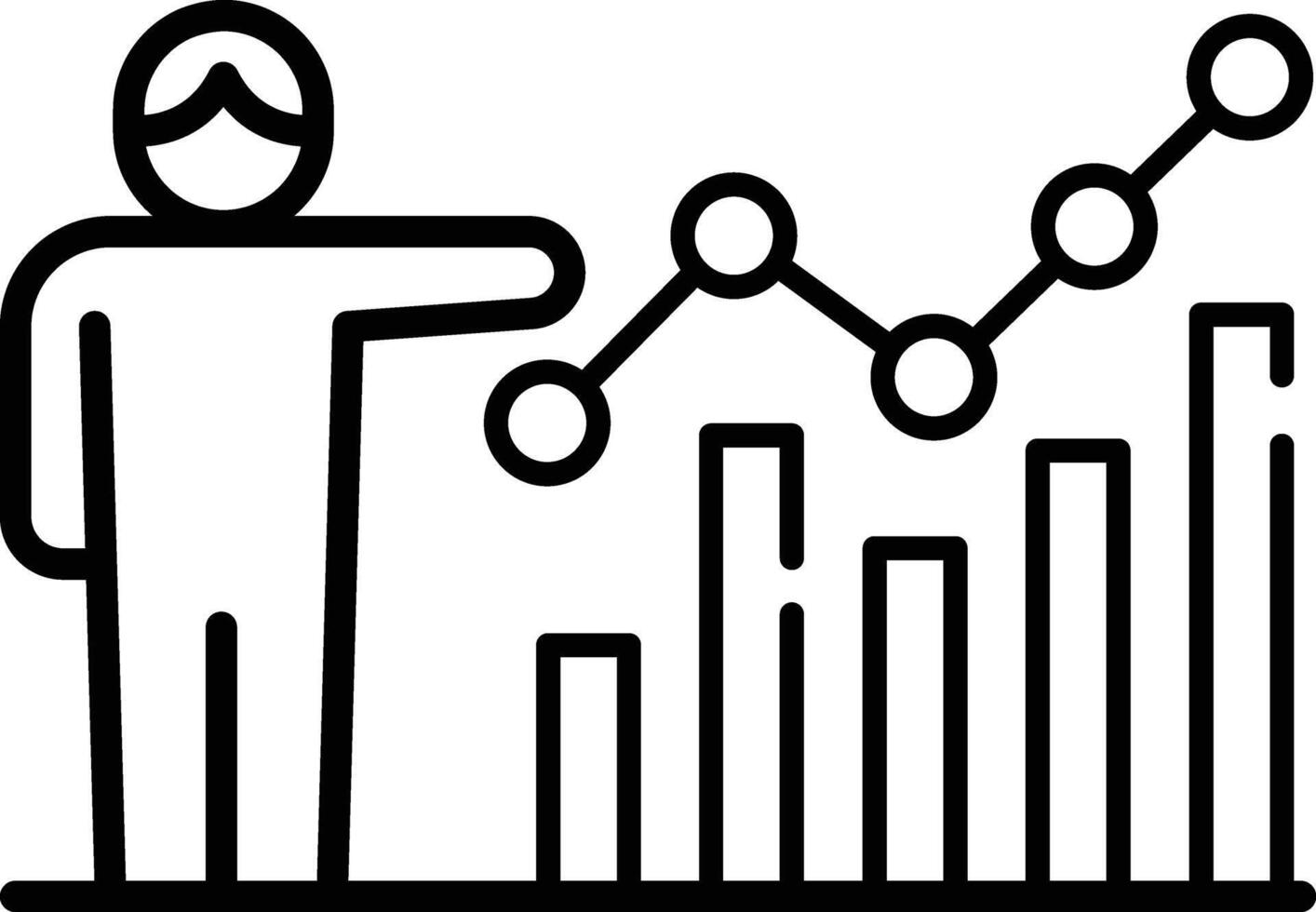Made in uk a person points to a graph with bars showing upward trends icon outline style. vector