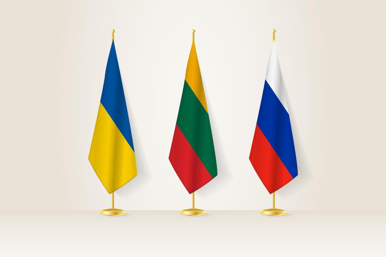 Diplomatic Meeting Representation, Ukraine, Lithuania and Russia Flags. Flags on Diplomatic Stands. vector