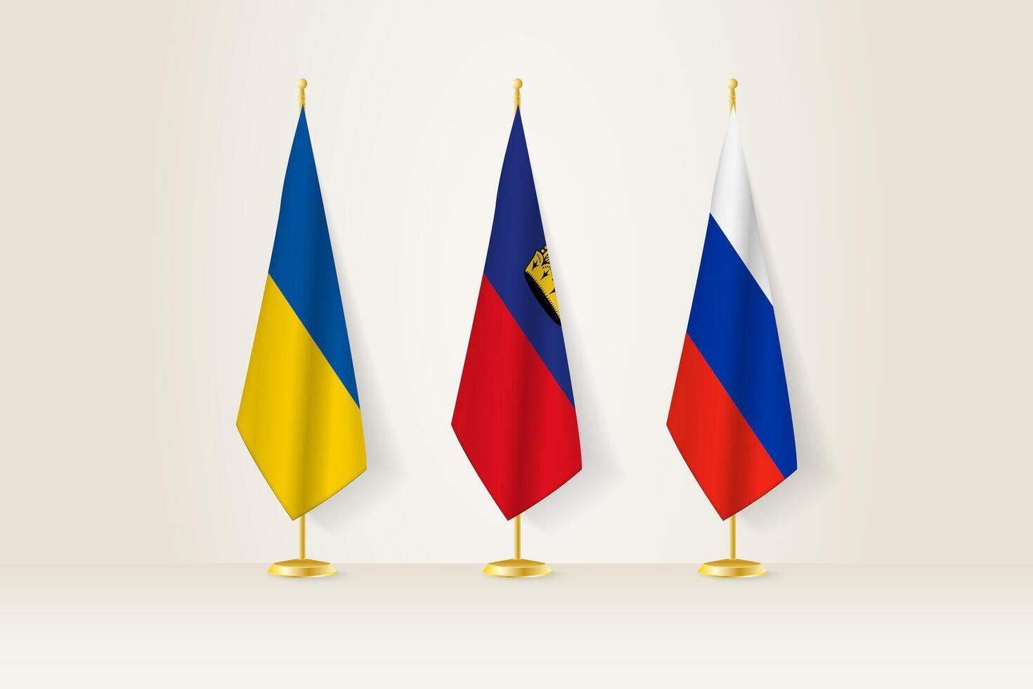 Diplomatic Meeting Representation, Ukraine, Liechtenstein and Russia Flags. Flags on Diplomatic Stands. vector