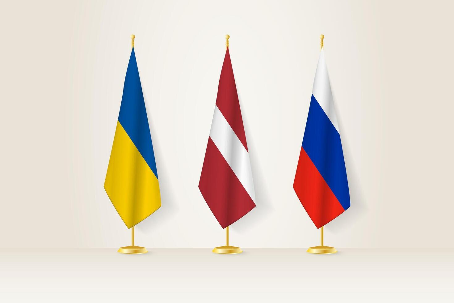 Diplomatic Meeting Representation, Ukraine, Latvia and Russia Flags. Flags on Diplomatic Stands. vector