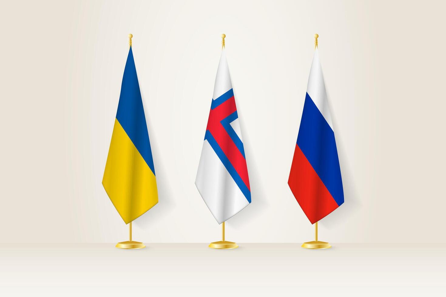 Diplomatic Meeting Representation, Ukraine, Faroe Islands and Russia Flags. Flags on Diplomatic Stands. vector