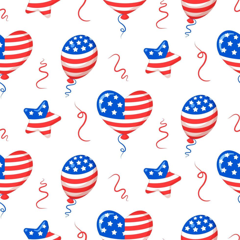 Seamless pattern with heart and star shaped USA flag balloons vector
