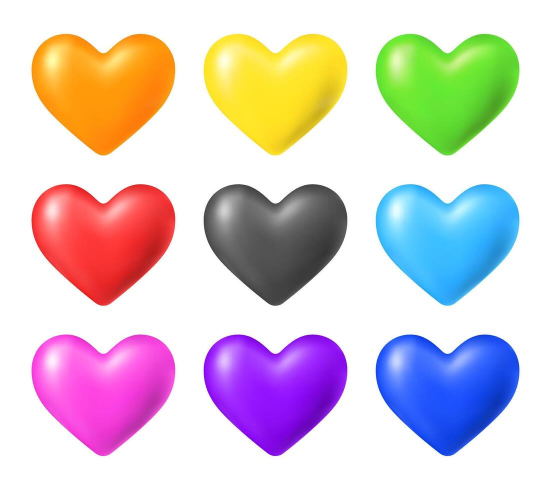 Set of isolated 3D hearts collection isolated on white background. vector