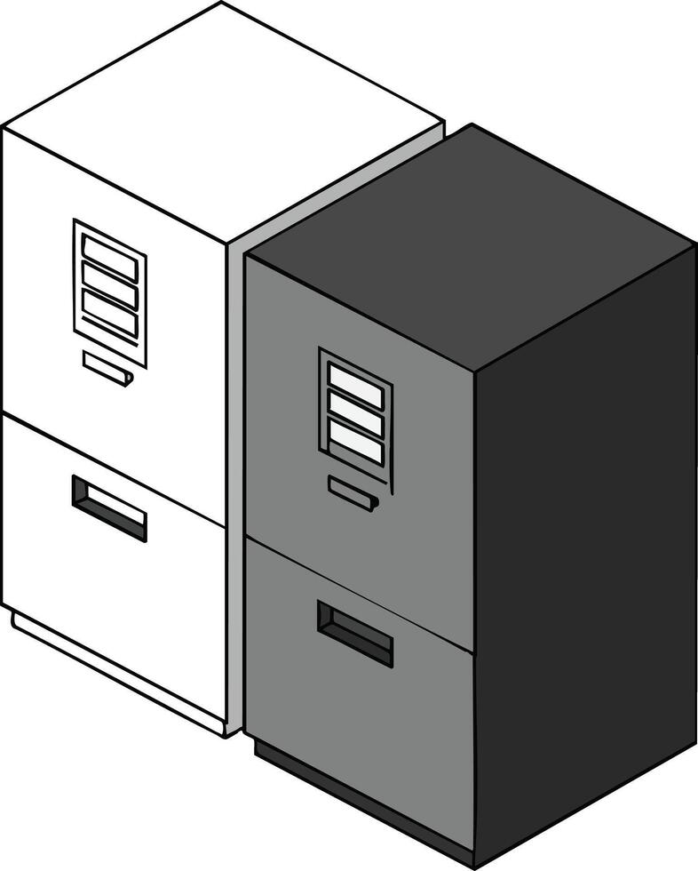 Two isometric office file cabinet drawers in black and white illustration for storage and organization vector