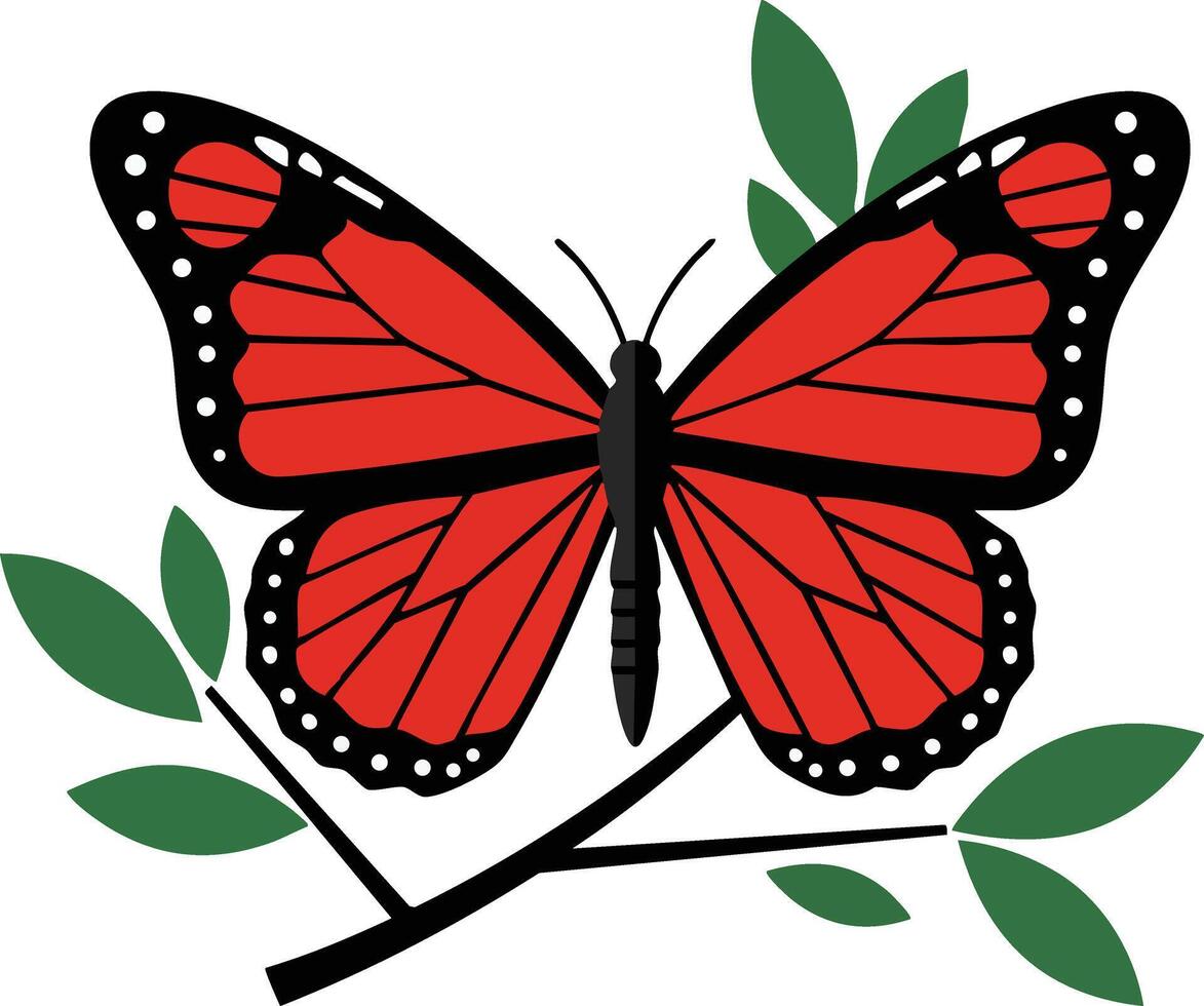 Red and black butterfly resting on green leaves branch illustration with natural colors and simple design vector