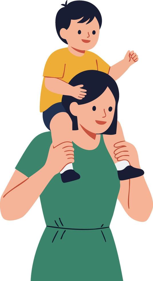 Mother carrying son on shoulders happy family moment illustration for lifestyle and parenting concepts vector