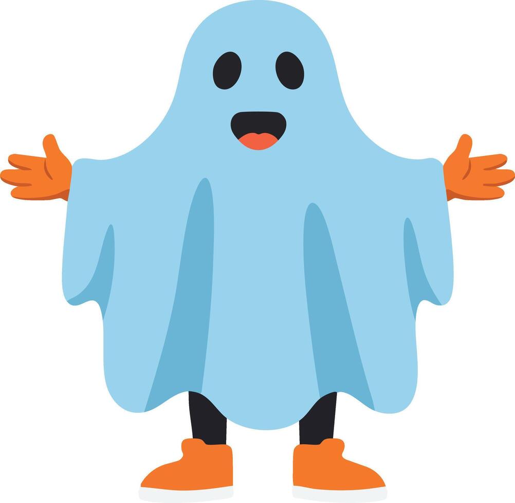 Blue ghost cartoon character with orange gloves and boots happy and welcoming illustration vector