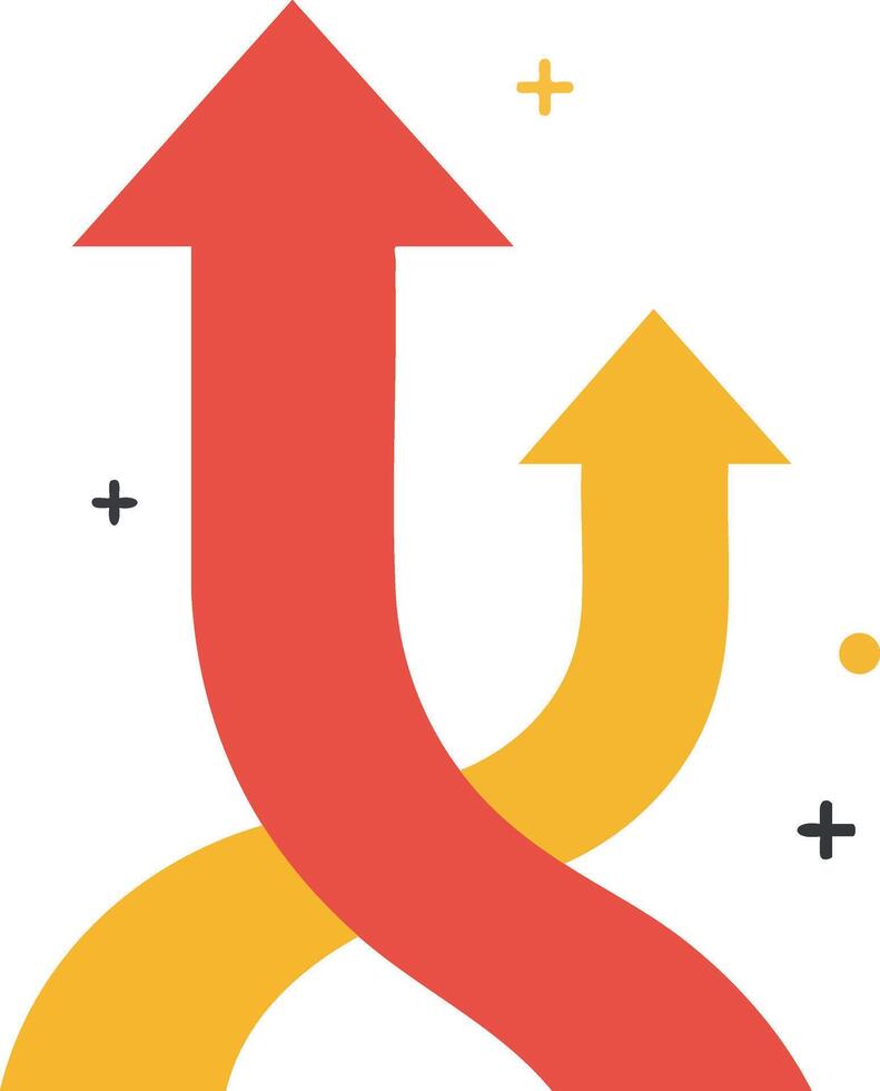 Two arrows crossing and pointing upwards symbolizing growth and direction in red and yellow colors illustration vector