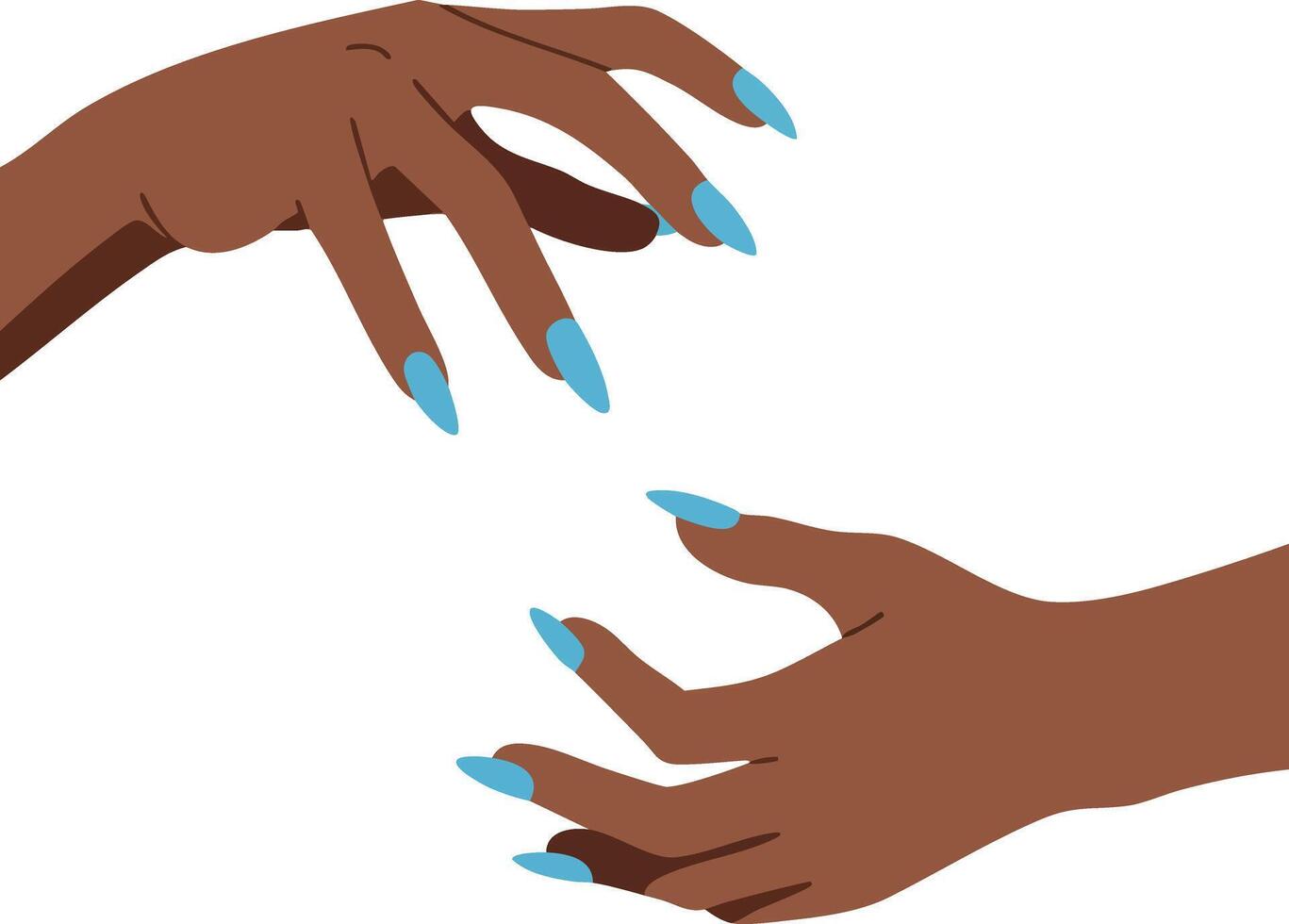 Dark skin hands with long blue nails reaching each other isolated on white background illustration vector