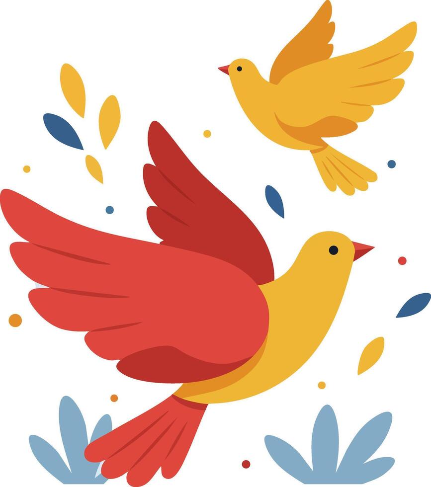 Two colorful flying birds with red and yellow feathers in natural environment illustration vector