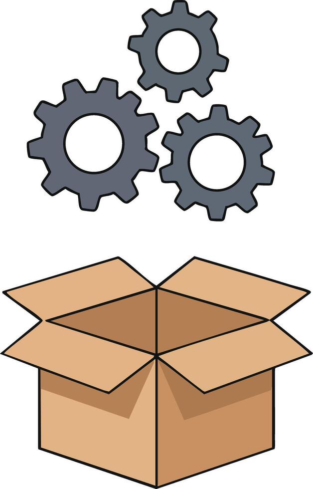 Open cardboard box with three gray gears floating above representing settings or configuration concept illustration vector