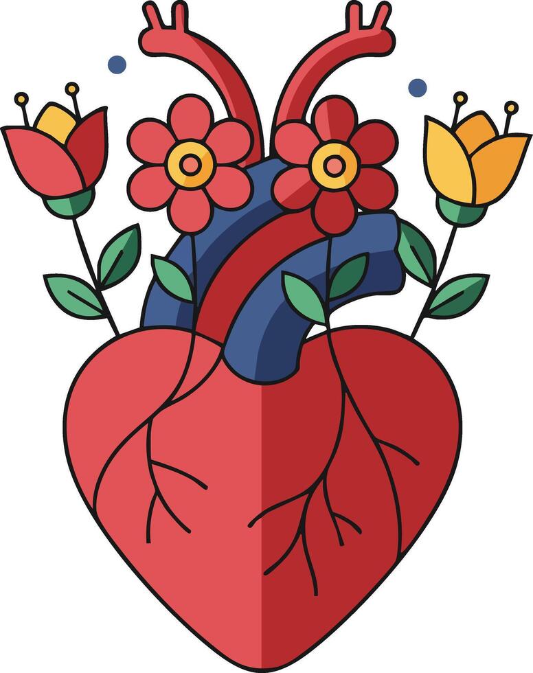 Human heart with blooming flowers illustration for anatomy and nature concept design vector