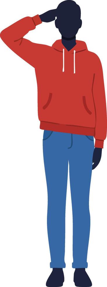 Man standing and saluting wearing red hoodie and blue pants casual posture illustration vector