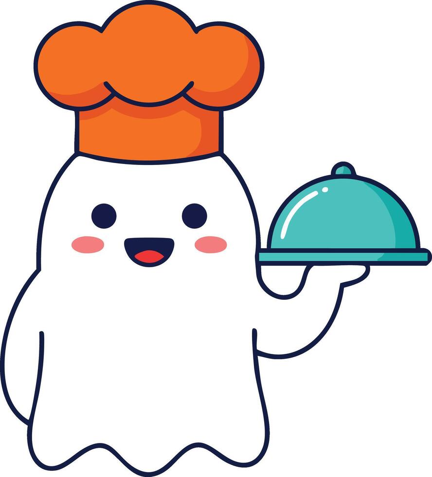 Ghost chef character holding covered food tray cute cooking mascot illustration design art vector