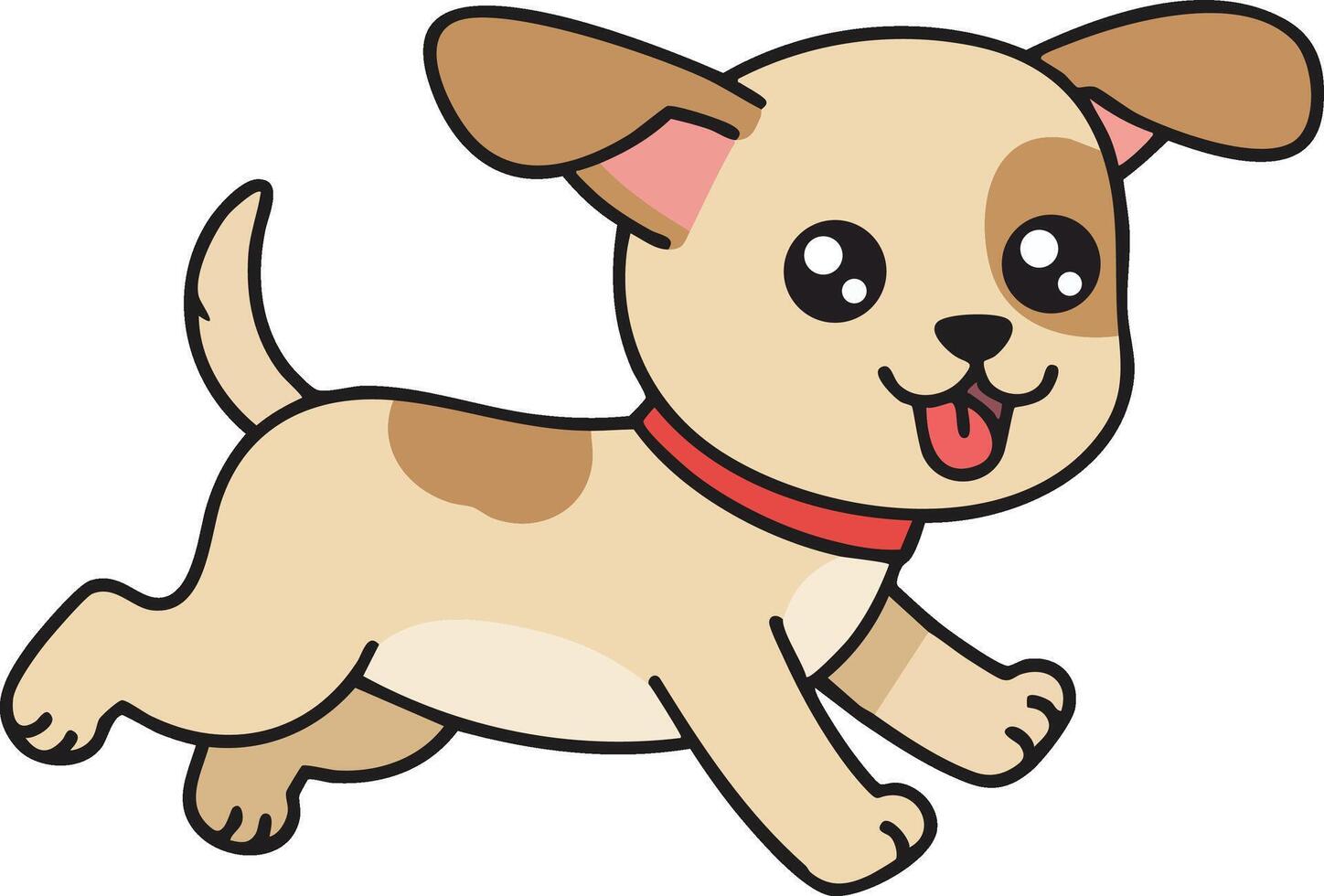 Cute playful puppy running with tongue out and red collar in cartoon style illustration vector