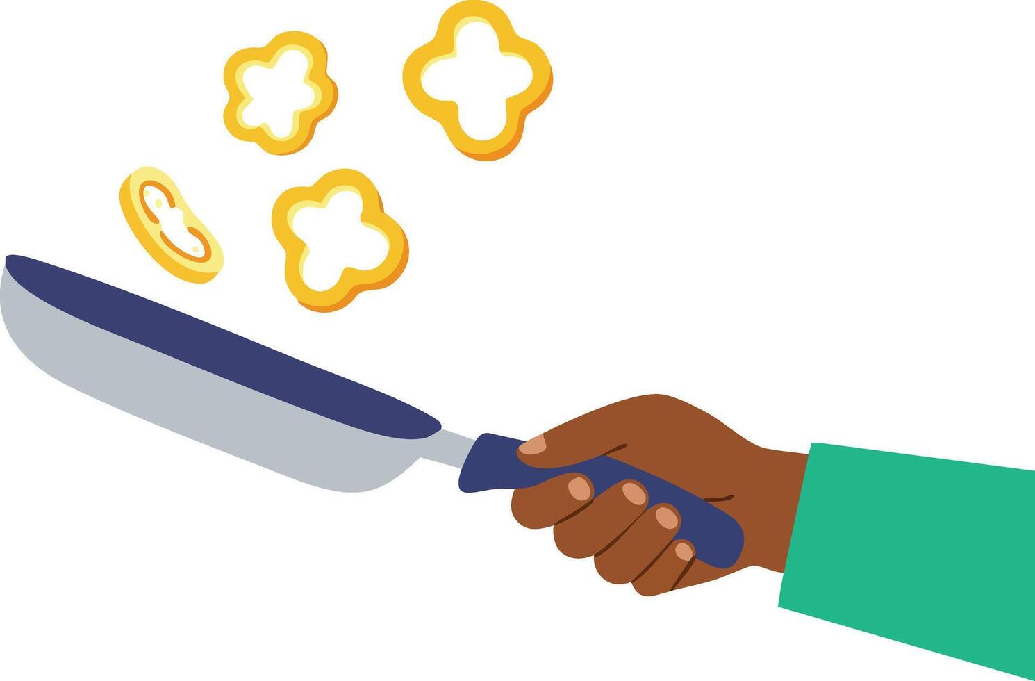 Hand holding frying pan tossing sliced yellow bell pepper cooking food illustration vector