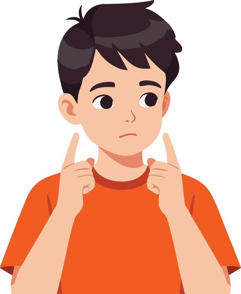 Boy with orange shirt making thoughtful expression with fingers pointing to cheeks illustration vector