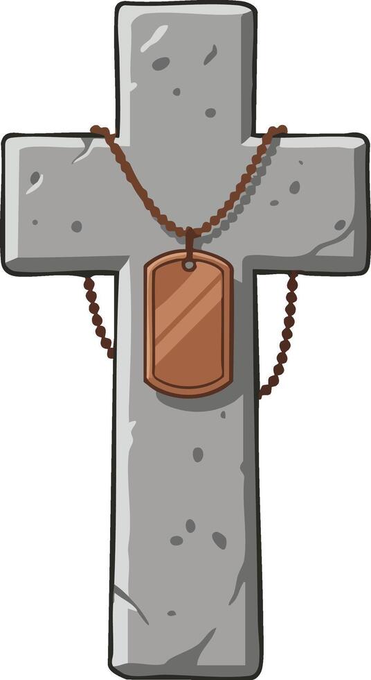 Concrete cross with dog tag necklace symbolizing faith and military connection illustration vector