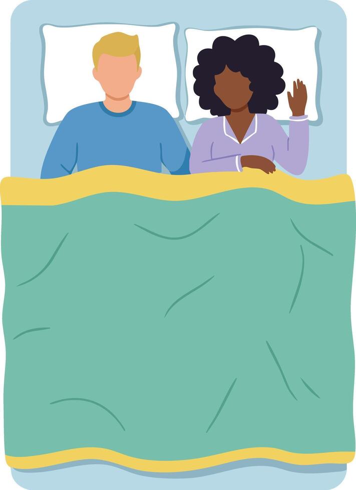 Diverse couple lying in bed under green blanket in cozy bedroom illustration vector