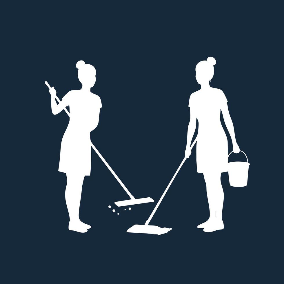 Female cleaning workers using mop and bucket for janitorial service illustration on dark background vector