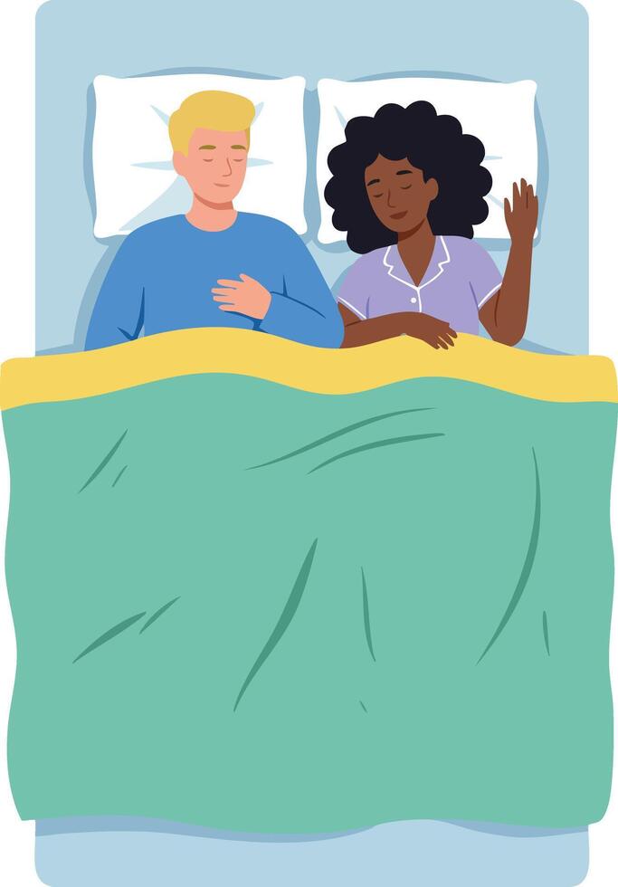 Couple sleeping on bed under green blanket in peaceful bedroom illustration image vector