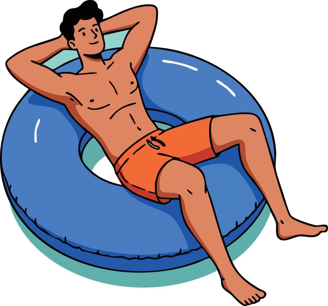 Man relaxing on blue inflatable swim ring enjoying summer leisure in orange shorts illustration vector