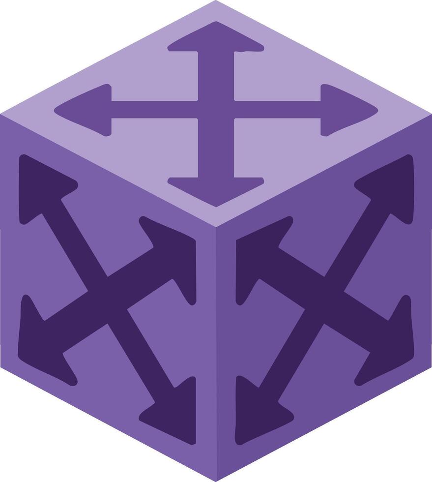 Purple cube with multidirectional arrows geometric shape illustration in isometric style for graphic design projects vector