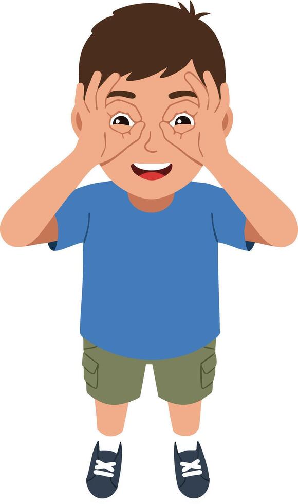 Boy making playful gesture with hands around eyes in blue shirt and green shorts illustration vector