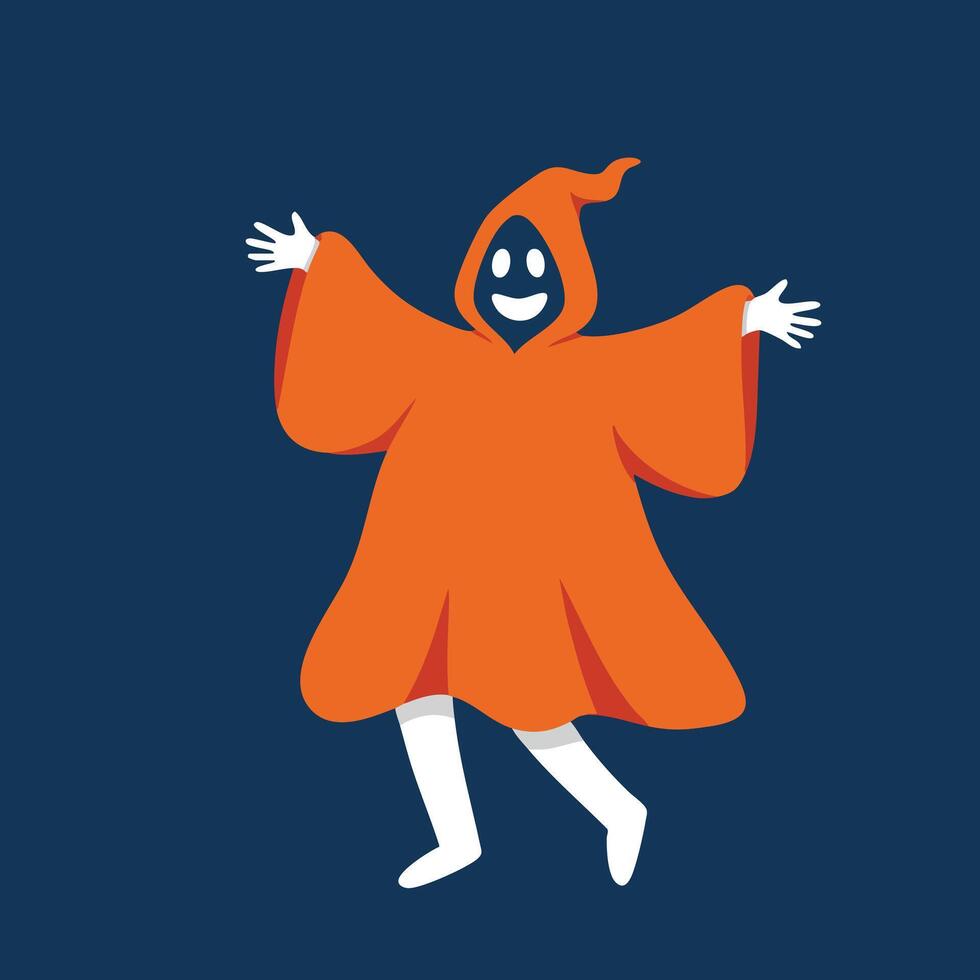 Happy ghost character wearing orange cloak costume with cheerful expression on dark blue background illustration vector