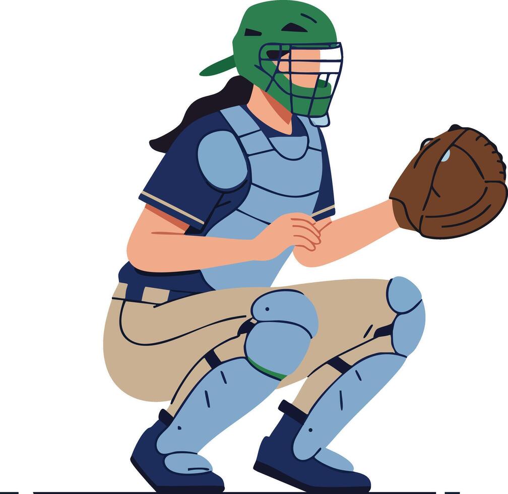 Baseball catcher in protective gear crouching and ready to catch ball illustration vector