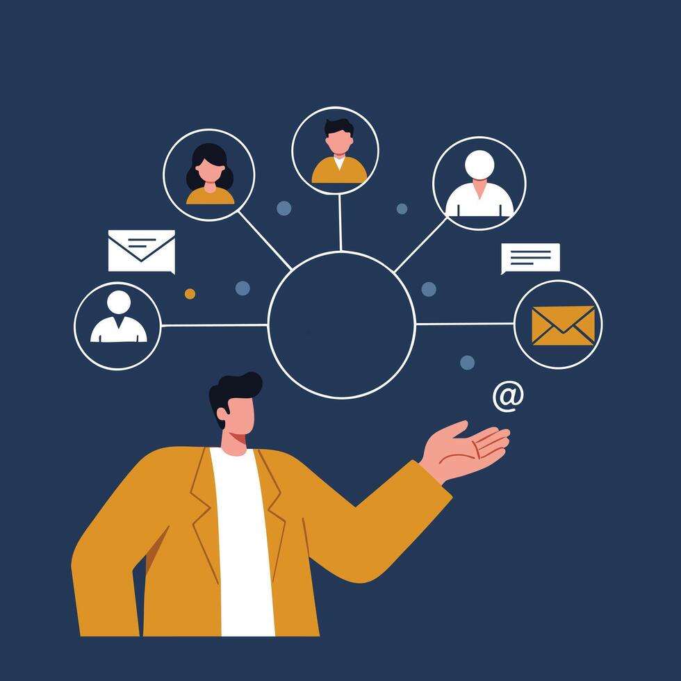 Businessman network communication concept with email and social contacts in flat style illustration vector