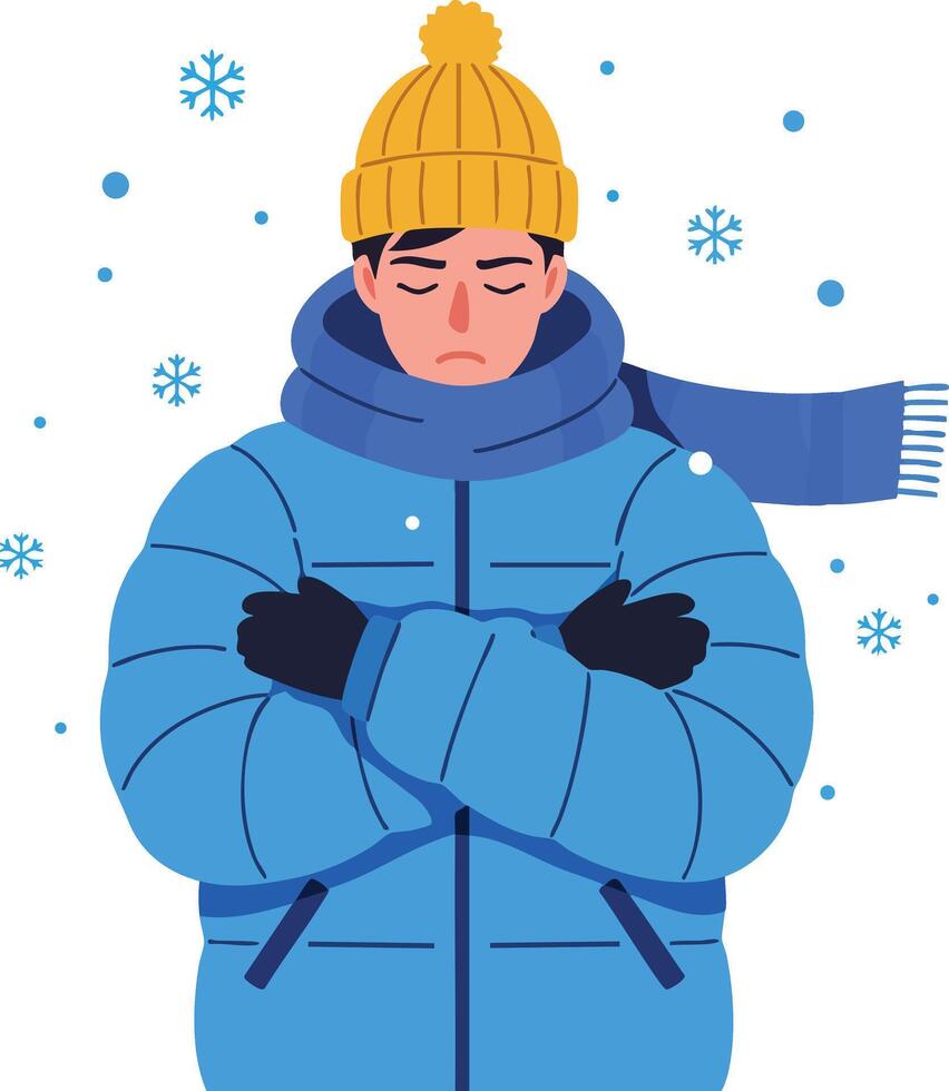 Man wearing blue winter jacket and yellow knitted hat feeling cold surrounded by snowflakes illustration vector