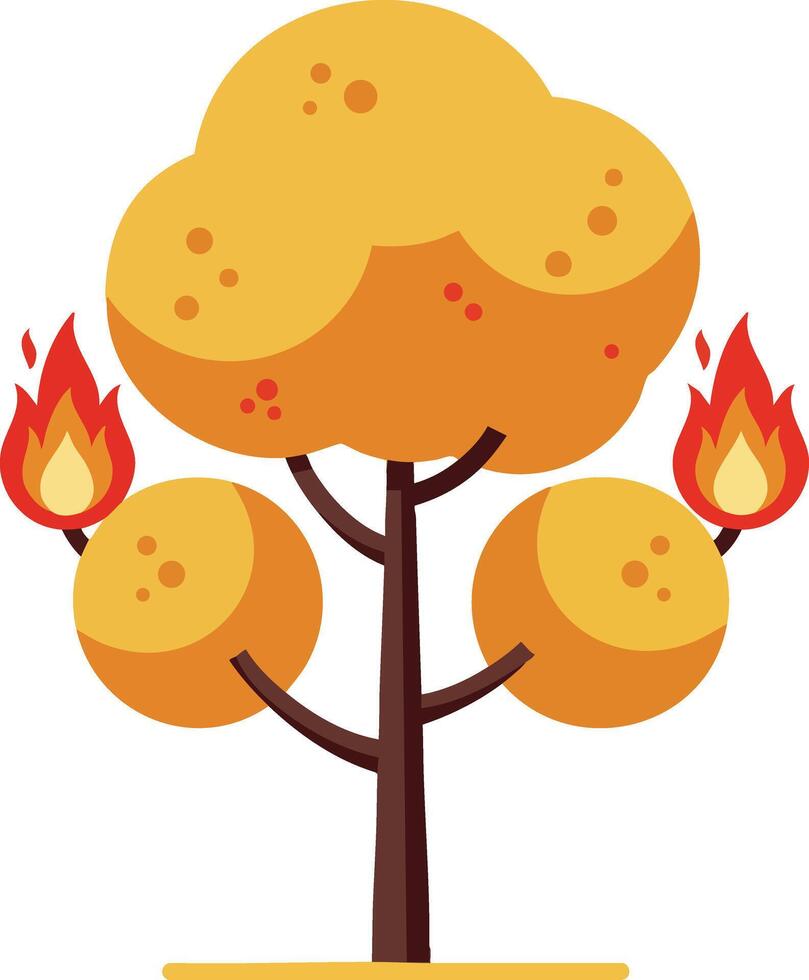 Tree with orange foliage and flames on branches illustration in flat design style vector