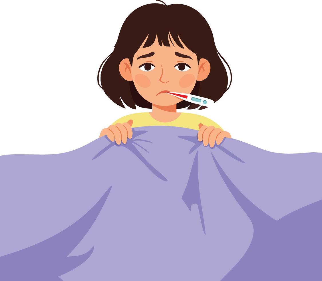 Sick girl lying in bed with thermometer feeling unwell and tired illustration vector