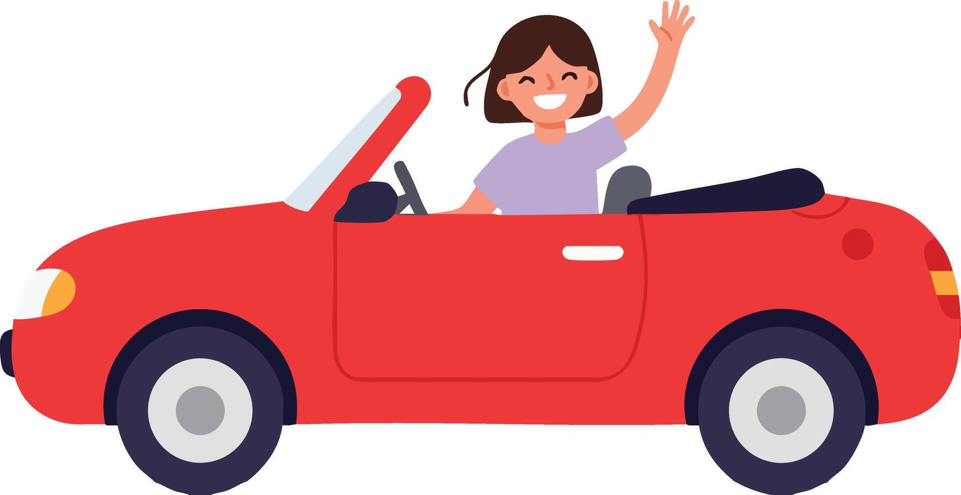 Girl driving red convertible car waving hand happily in summer illustration vector