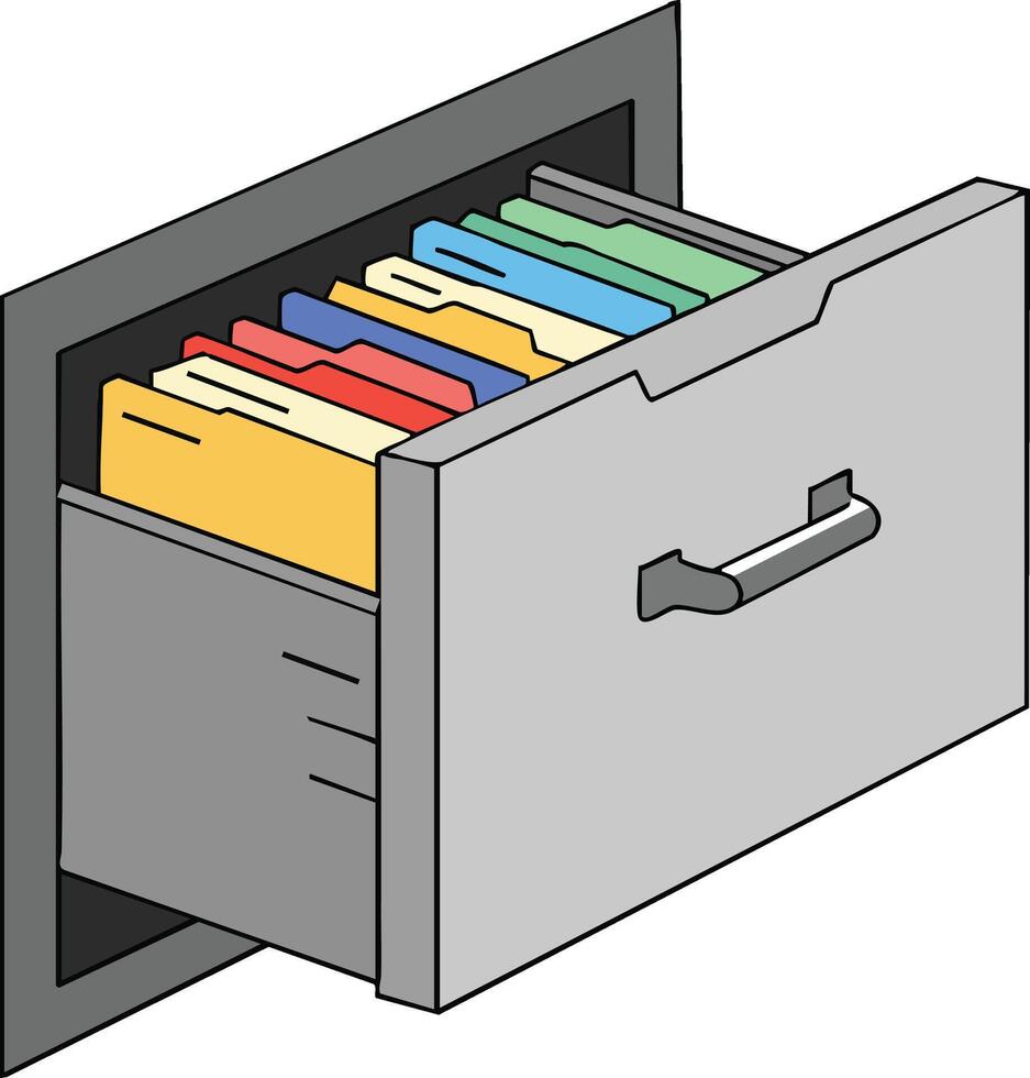 Filing cabinet drawer with organized multicolored folders illustration for office storage and document management design vector