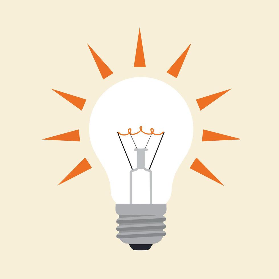 Light bulb with glowing orange rays symbolizing bright ideas and creativity illustration vector