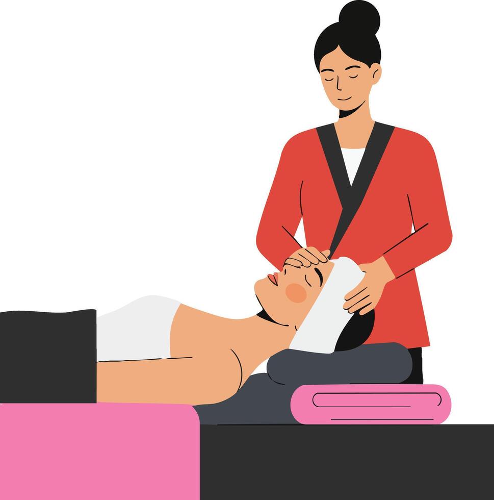 Woman receiving facial massage from therapist in spa wellness center with pink towel and relaxed atmosphere vector
