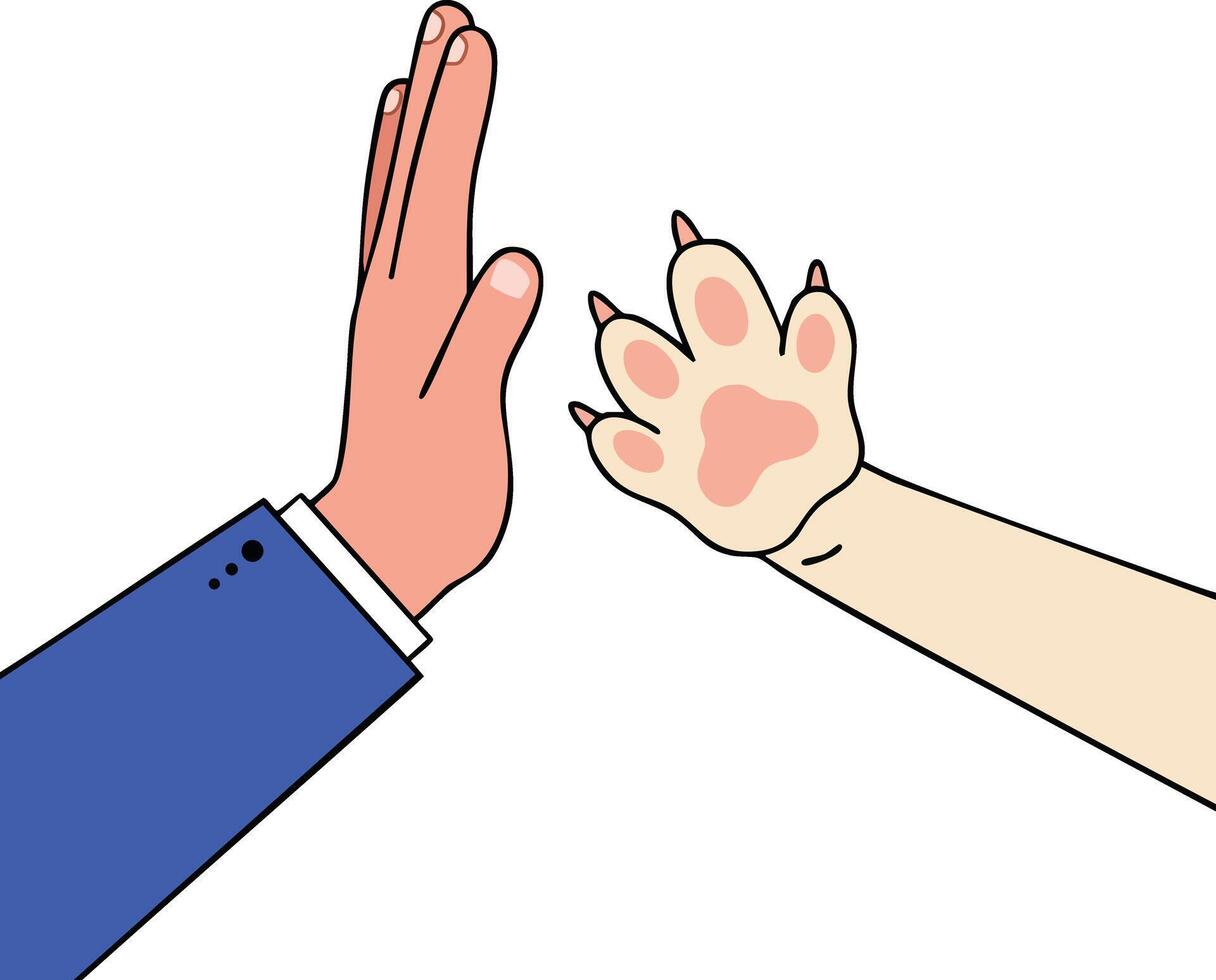 Human hand and cat paw high five gesture illustration of friendship and connection vector