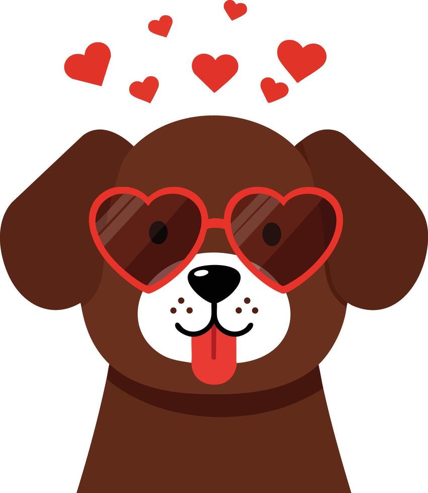 Brown dog wearing red heart shaped sunglasses with floating hearts love concept illustration vector