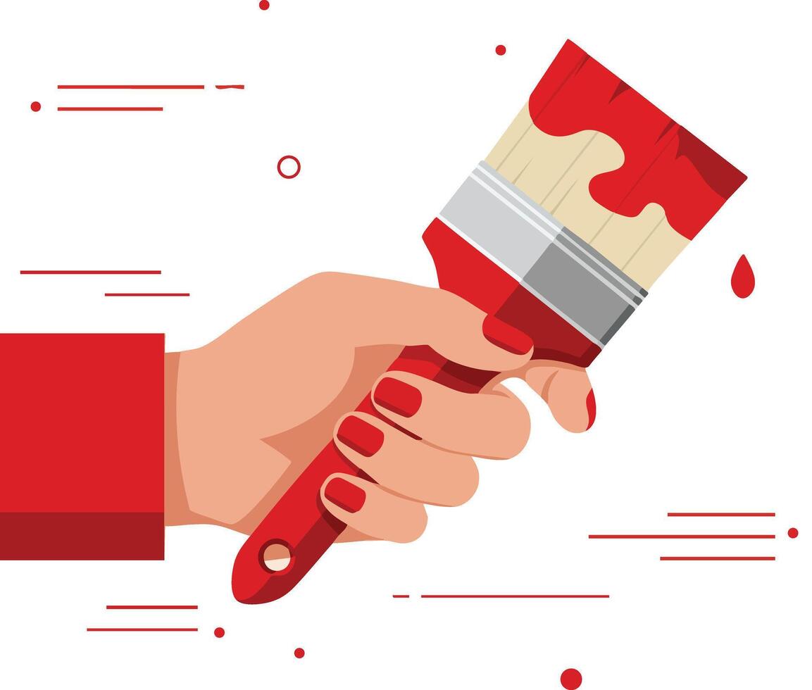 Hand Holding Red Paint Brush with Red Nail Polish and Dripping Paint Illustration for Creative Design Projects vector