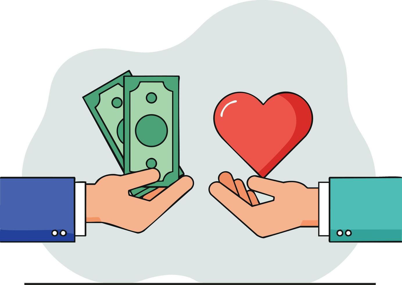Hands exchanging money and heart symbol illustrating charity and donation concepts in simple flat style vector