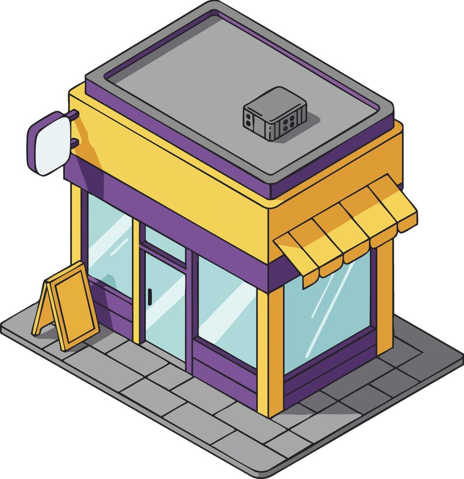Small yellow and purple commercial building with glass windows and sidewalk in isometric style illustration vector